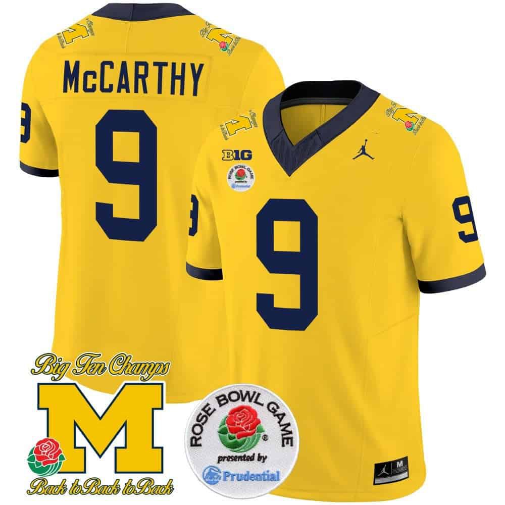 Men Michigan Wolverines #9 Mccarthy Yellow 2024 Rose Bowl Patch Vapor Limited NCAA Jersey